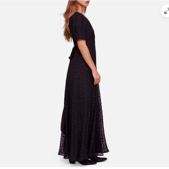 Free People Wanderer Chiffon Black and Gold Plunge Neck Maxi Dress Size 2 - Picture 4 of 12